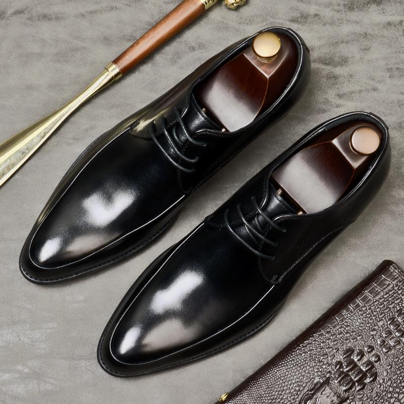 Men'S Leather Business Leather Shoes Lace-Up Low-Top Pointed Wedding Shoes Men'S Formal Single Shoes