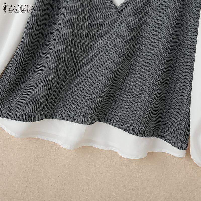 ZANZEA Women Casual Round Neck Long Sleeve Loose Patchwork Blouse