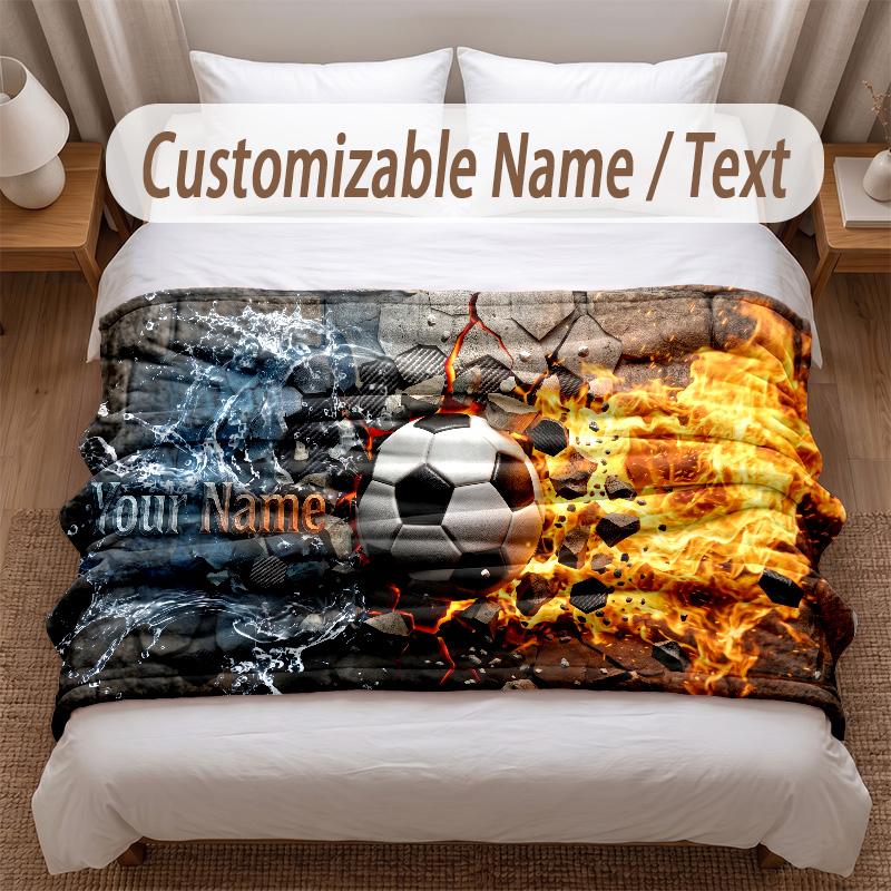 Soccer Theme Soft Blanket Personalized Custom Name Text Print Warm Blanket Home Sofa Bedroom Decor