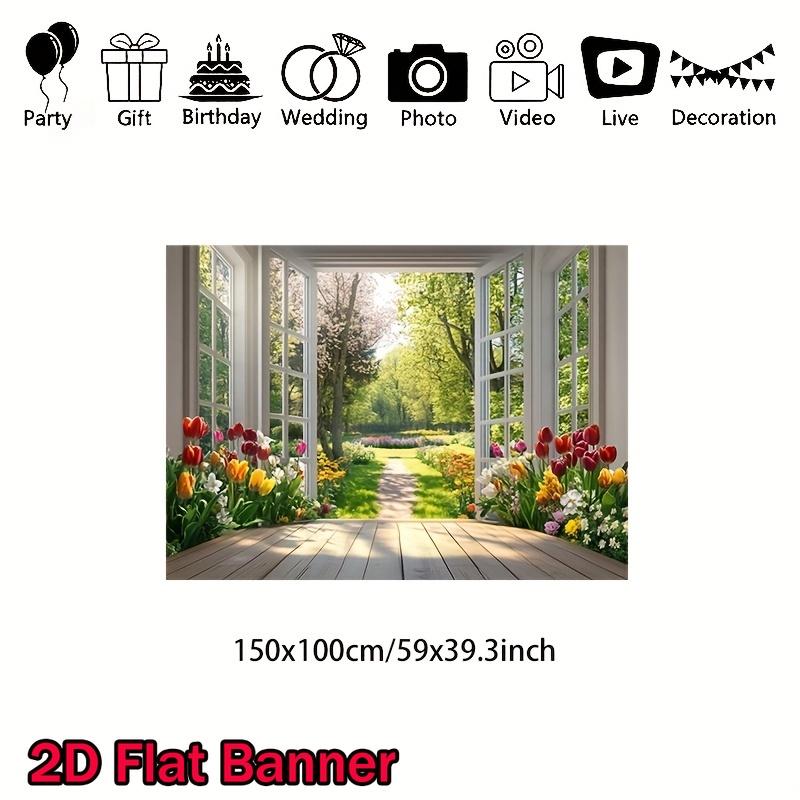 2D plane 1 piece spring garden tulip and tree window view background fabric modern living room home decoration