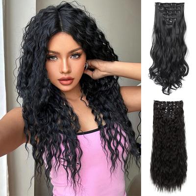 Synthetic Long Wavy Curly Clip In Hair Extension Soft 16Clips Hairpieces Fiber Thick Double Weft Hair For Women Daily Wear
