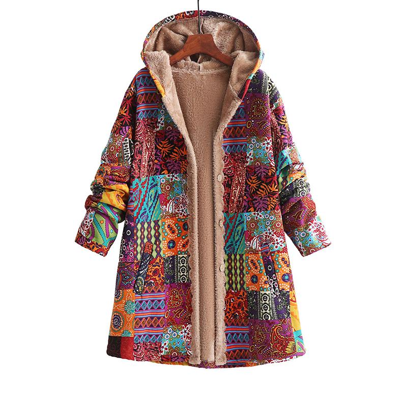 Vintage Warm Print Pocket Thick Zipper Hooded Autumn Winter Coat Women