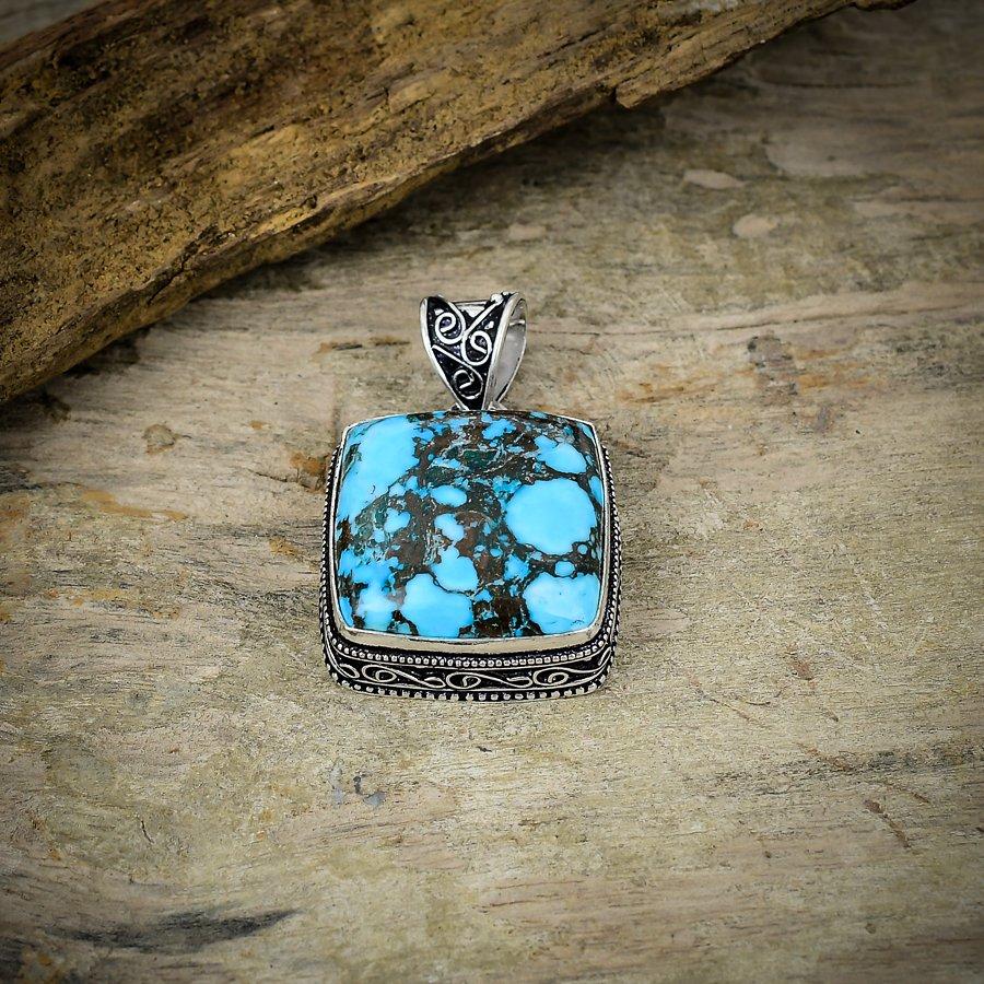 Tibetan Turquoise Gemstone 925 Sterling Silver Jewelry Pendant 1.69" M-29