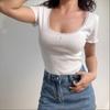 Summer cotton Sexy Solid lace jacquard t shirts Women‘s square collar Short-sleeve T-shirt casual Slim Elastic Skinny y2k Tops