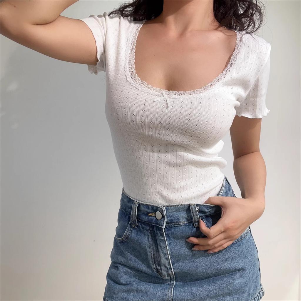 Summer cotton Sexy Solid lace jacquard t shirts Women‘s square collar Short-sleeve T-shirt casual Slim Elastic Skinny y2k Tops