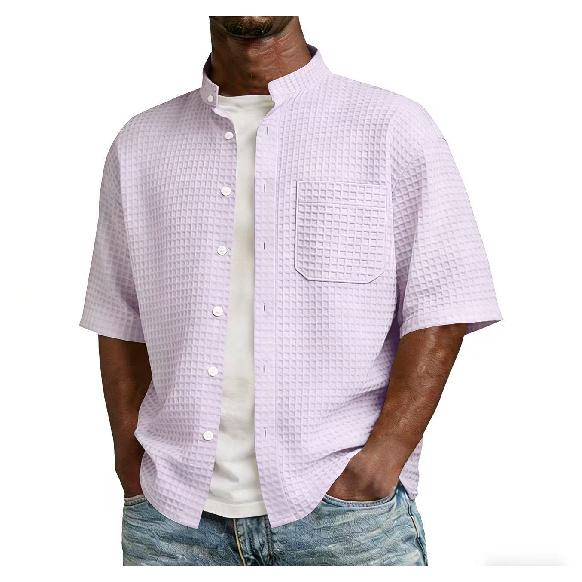 New men s summer solid color cardigan stand-up collar T-shirt button casual sports men s short-sleeve shirt S
