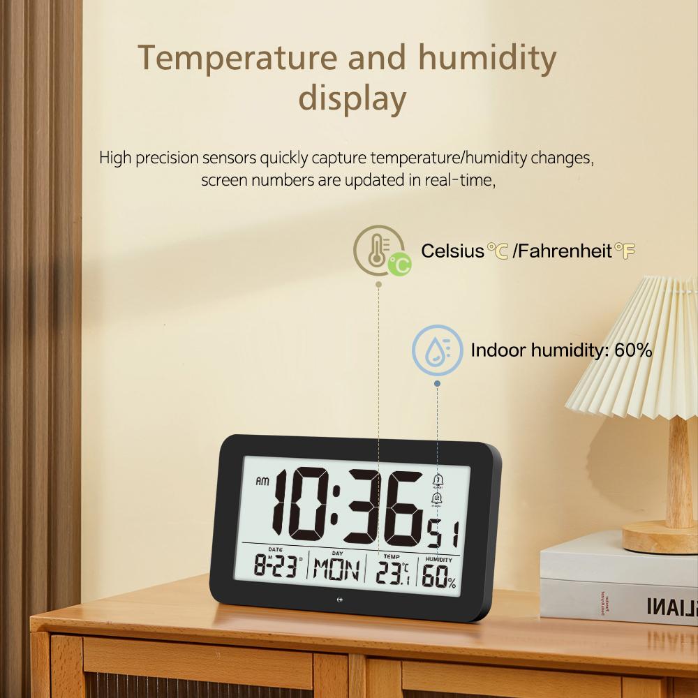 Battery Powered Digital Wall Clock TEMP Humidity Date Week 2 Alarm Night Vision 12/24H Auto Dimmable DST Snooze LCD Table Clock