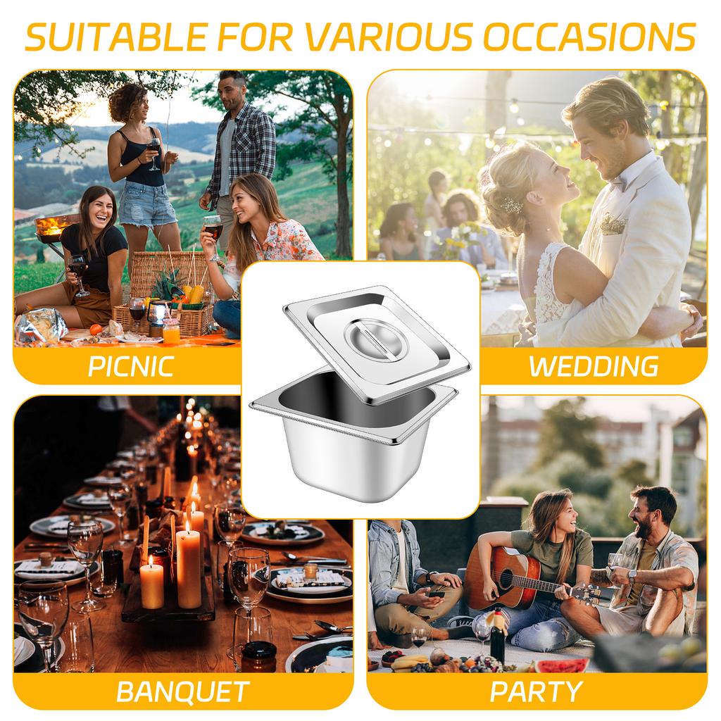 10 Set 1/6 Size Stainless Steel Hotel Pans With Lids 4" Deep Steam Table Pan Food Pan Lid With Handled Catering Food Storage Met