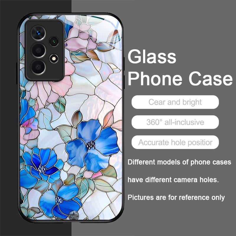 Luxury Flower Marble Texture Tempered Glass Phone Case for Samsung Galaxy A73 A72 A55 A54 A53 A52 A24 A36 A14 A31 5G Hard Cover