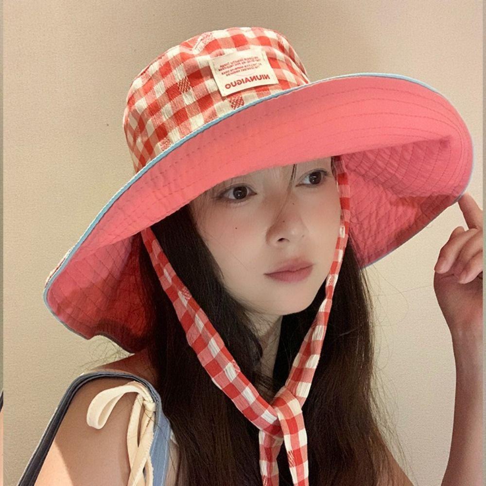 Big Brim Hiking Fisherman Hat Sunscreen Plaid Hiking Cap Fashion Drawstring Sun Hat  Male