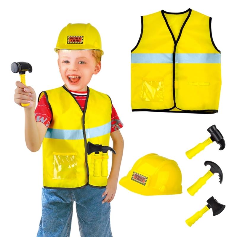 Kids Builder Worker Costume Halloween Fireman Dress up Outfits with Role Play Tool Accessories for Ages 3-12 Boy Girl