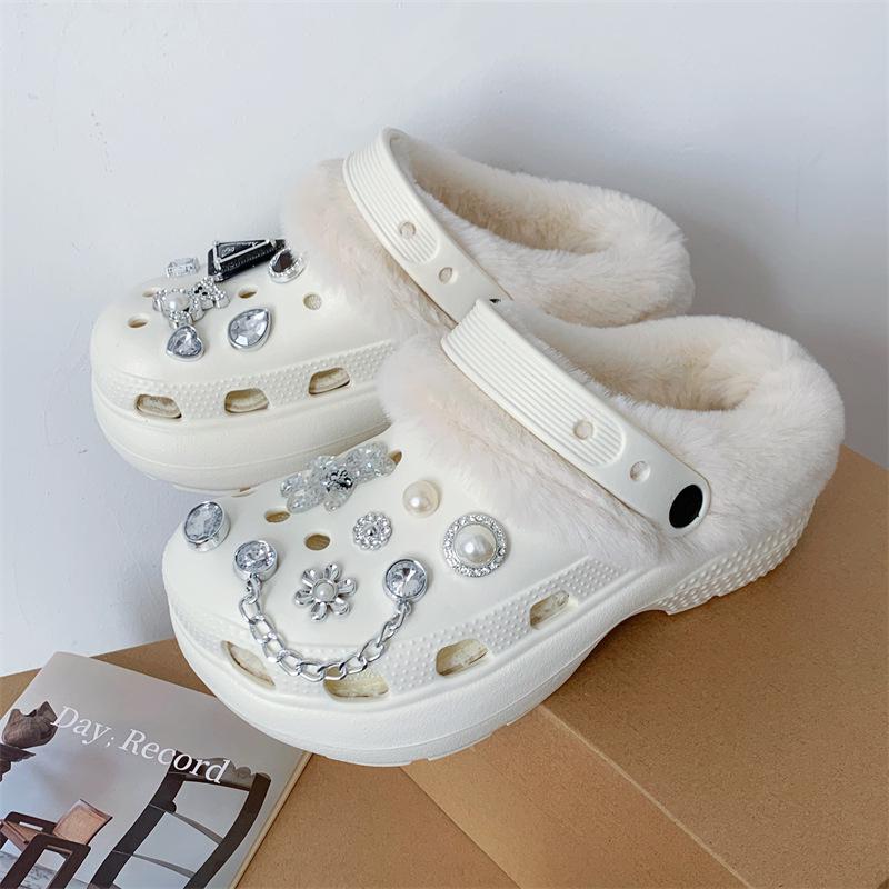 Damen Fleecegefütterte Abnehmbare Baumwollpantoffeln - Herbst/Winter Pelzschuhe mit Lochdesign