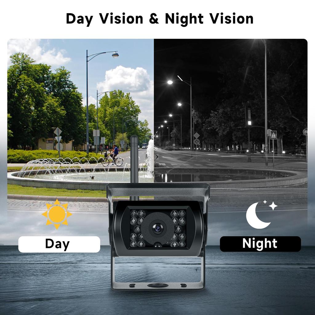 Diese kabellose Rückfahrkamera verfügt über zwei IP68 wasserdichte Nächte und ist geeignet für und Sie arbeitet mit 12V bis 7-Zoll-Monitoren, Schutzart, ultrahell