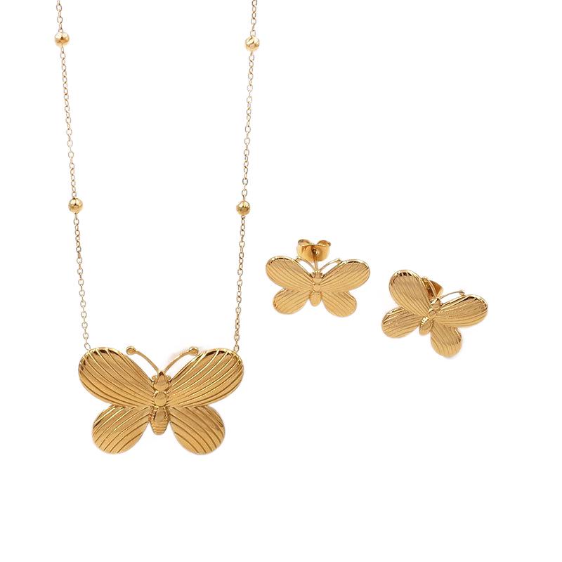 Gold and Silver-Plated Titanium Butterfly Pendant Necklace and Earring Set - Light Luxury Women's Jewelry Clavicle Chain