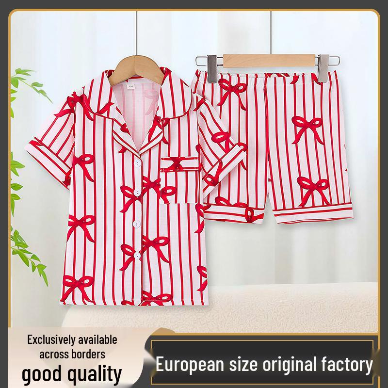 Short-Sleeved Striped Bowknot Print Girls Pajama Set 150