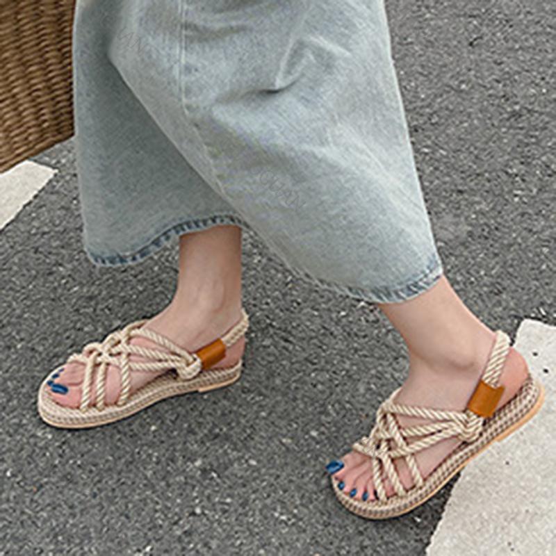 Fashion 2025 Summer Women's Hemp Rope Woven Sandals Roman Rainbow Color Bohemian Straw Flat Sandal Casual Slip On Beach Shoes for Women