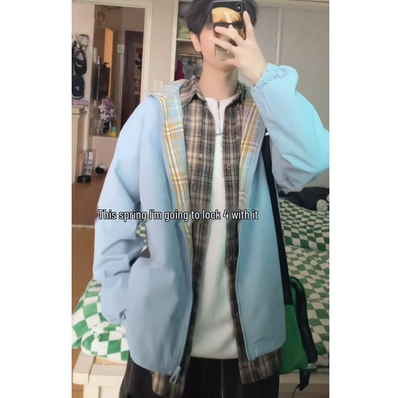 Herren Retro Gitter-Patchwork Jacke - Frühling/Herbst, Amerikanischer Reverskragen, Ohne Kapuze, Partnerlook