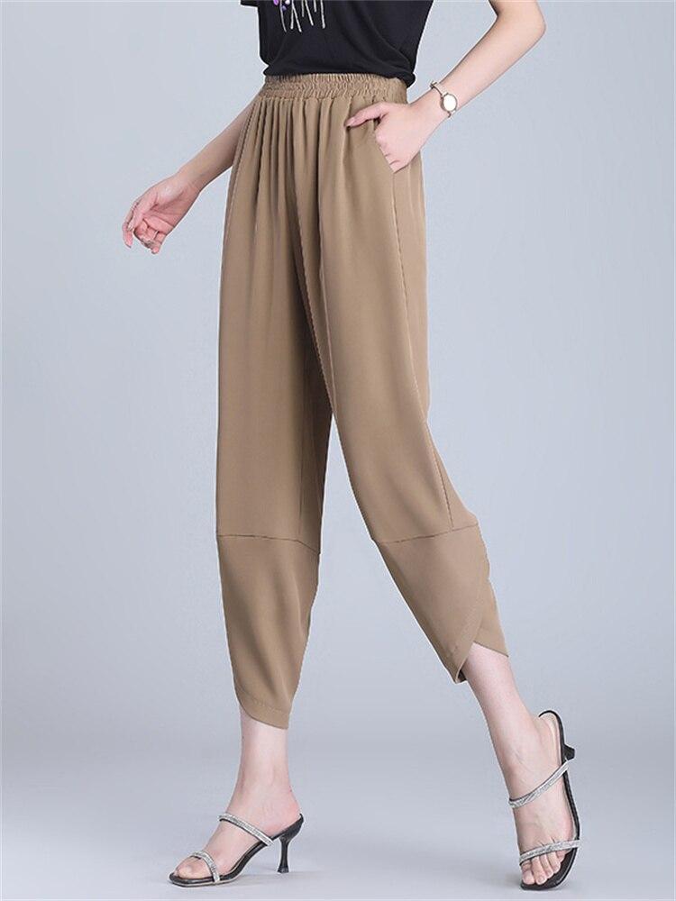 

Женские брюки с высокой талией, шифоновые прямые брюки, уникальные новые модные летние брюки, женские дышащие тонкие брюки, однотонные повседневные брюки XXXXL кофейный