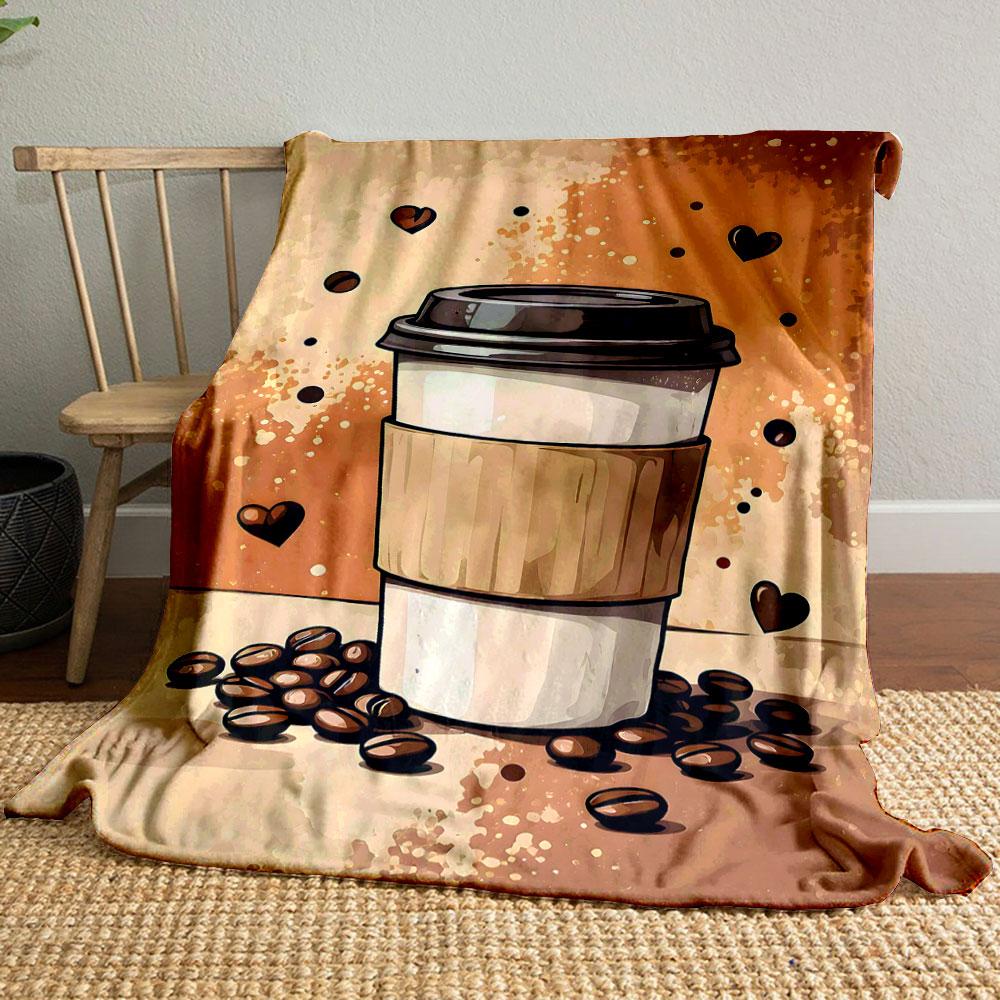 Coffee Cup with Heart Icons Theme Patterned Blanket, Flannel, Suitable for All Seasons, Home Decor, Warm and Cozy