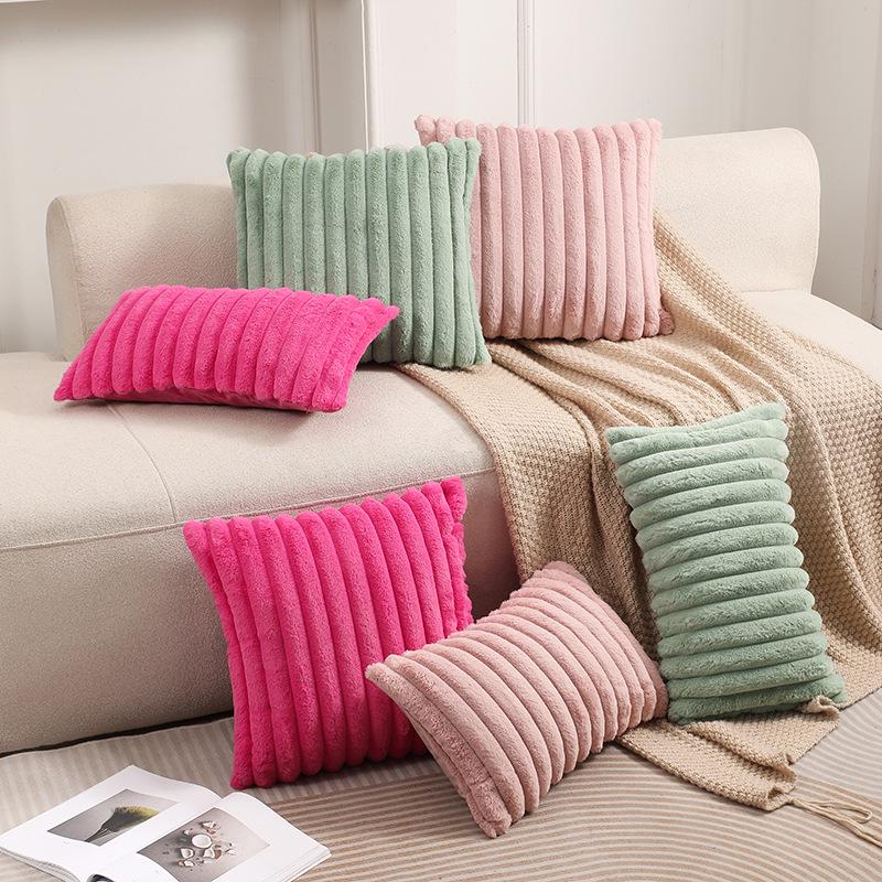 Autumn & Winter Plush Stripe Lumbar Pillow - Christmas Orange & Halloween Rabbit Fur Texture Throw Cushion