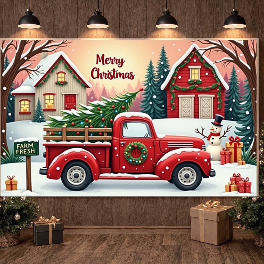 Winter Holiday Banner Red Truck Design Xmas Display Holiday Backdrop Wreath Ornament Snowy Christmas Backdrop For Christmas