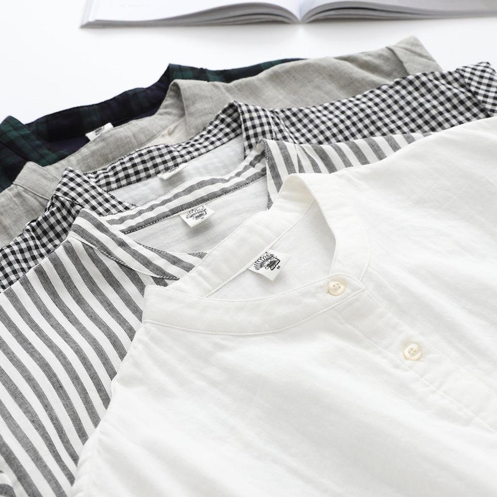 Japanese Minimalist Plaid Women's Sleeveless Stand Collar Shirt & Classic Short Sleeve Shirt