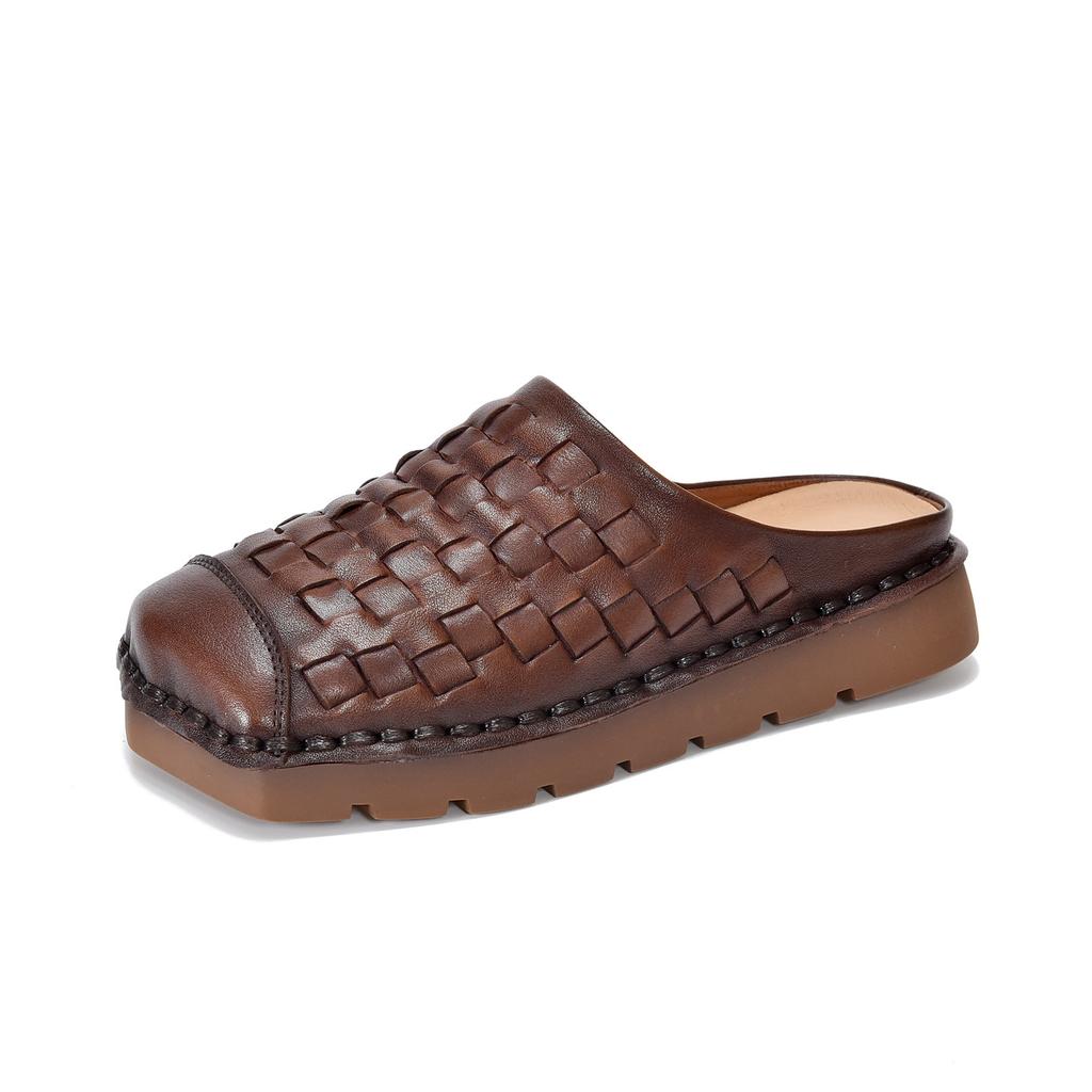 Johnature Genuine Leather Retro Weaving Square Toe Women's Slippers Versatile Outerdoor Flat Slip-on Shoes