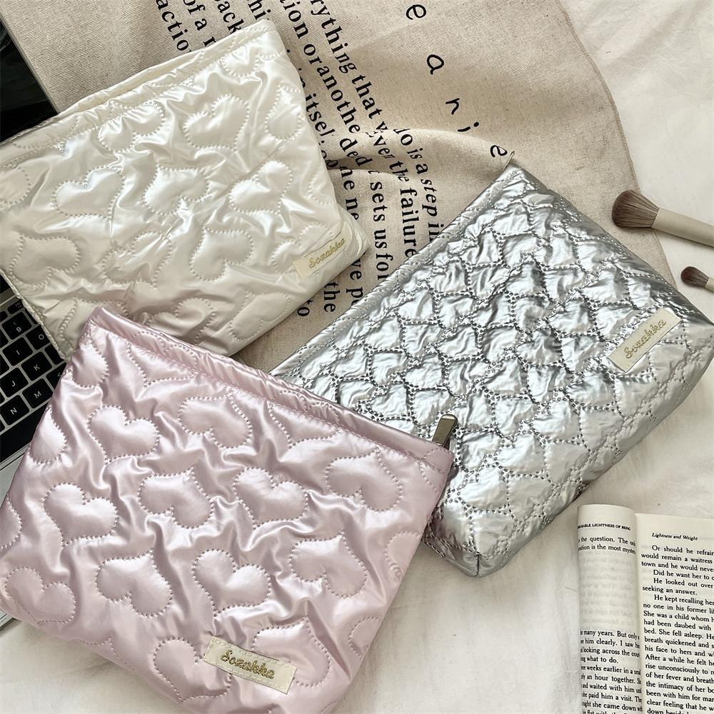 Pu Heart Handheld Makeup Bag With Geometric Pattern For Daily Use