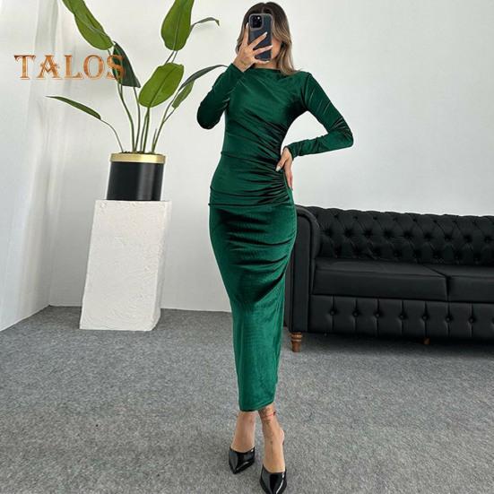 Lady Evening Dress Slim Fit Pleated Bateau Neck Long Sleeve Pure Color Midi Dress Sheath Calf Length Prom Cocktail Party Dress