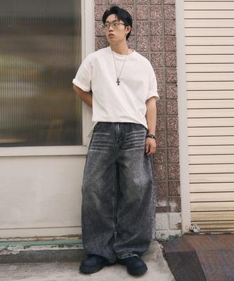 Beokeuldaun Simple Wide Fit Curved Denim Pants (Washed Grey)