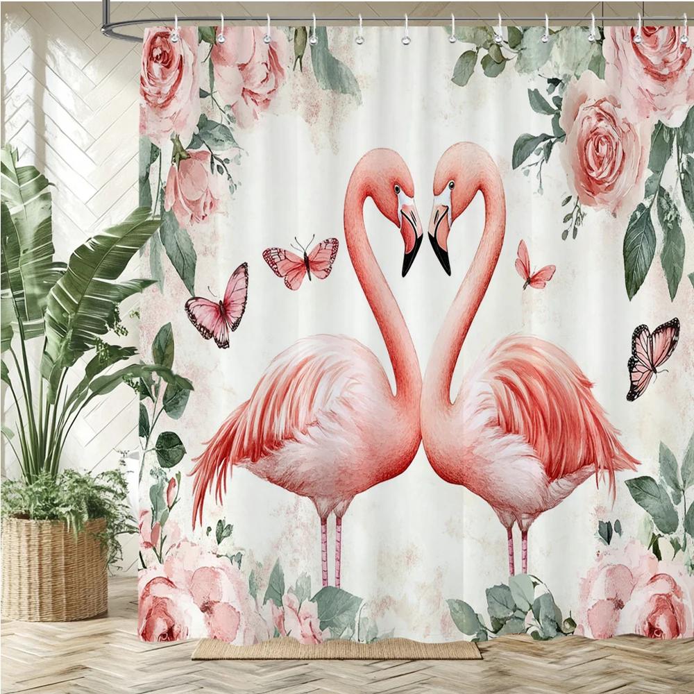 Severská rostlina plameňák styl látková sprchová závěs koupelnový závěs, květiny a ptáci styl domácí dekorace závěs s háčky