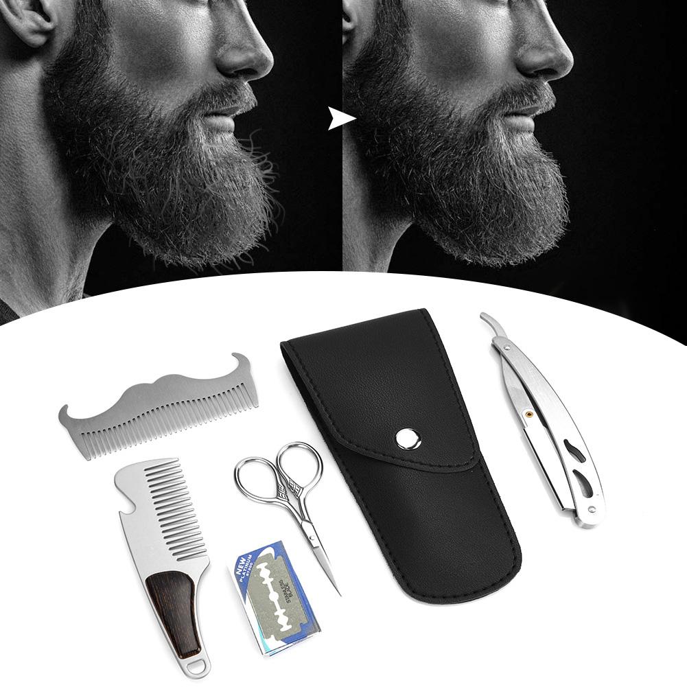 6pcs Beard Kit Shaving Knife Blade Beard Brush Scissors Storage Bag Modeling SetBeard Care Set