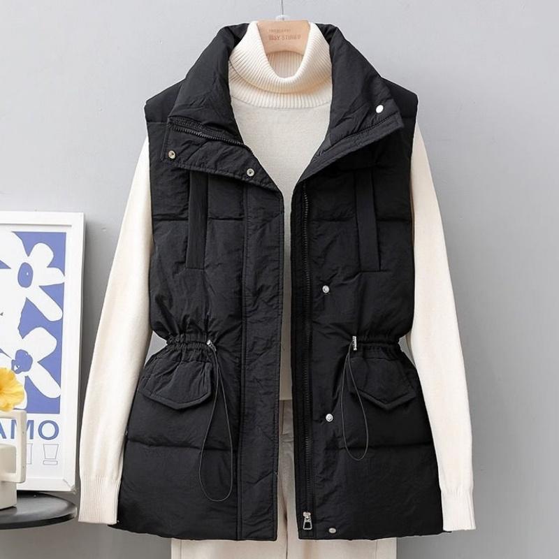 Autumn and winter mid-length down cotton vest, drawstring waist, thin waistcoat women