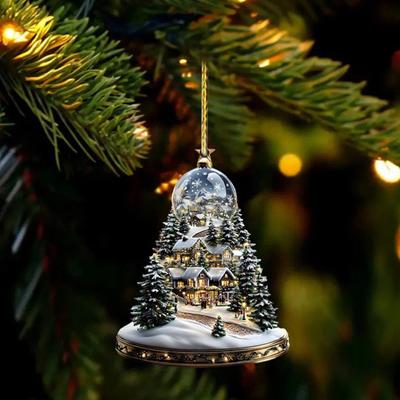 Christmas Snow Village House Ornament Log Cabin Tree Hanging Decoration Acrylic Pendant for Home Party Car Decor