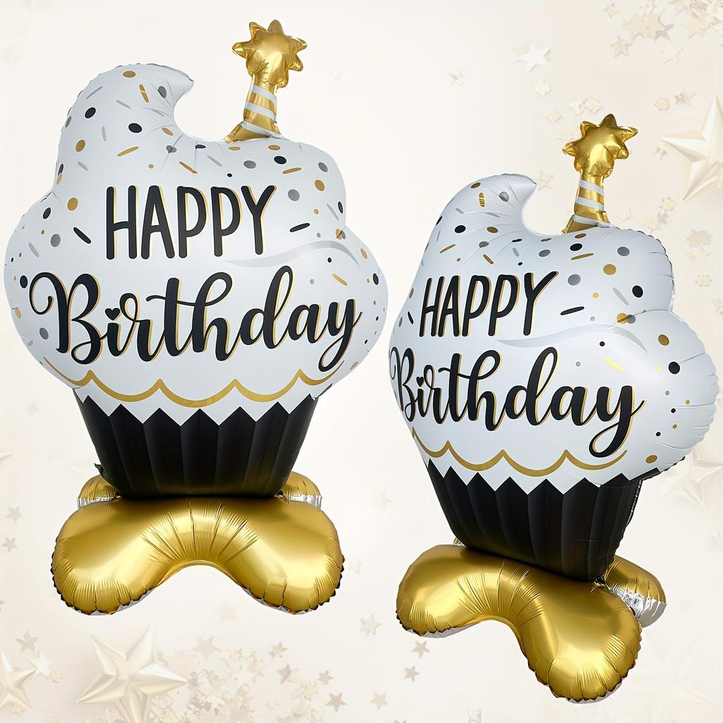 1pc Large Standing Black Golden Candle Cupcake-Shaped Aluminum Foil Balloon with Happy Birthday Letter Birthday Party Decoration