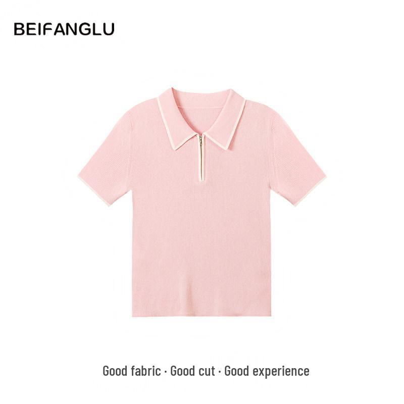 Summer Color Block Polo Neck Knit: Northern Deer Lyocell-Cotton-Linen Short Sleeve