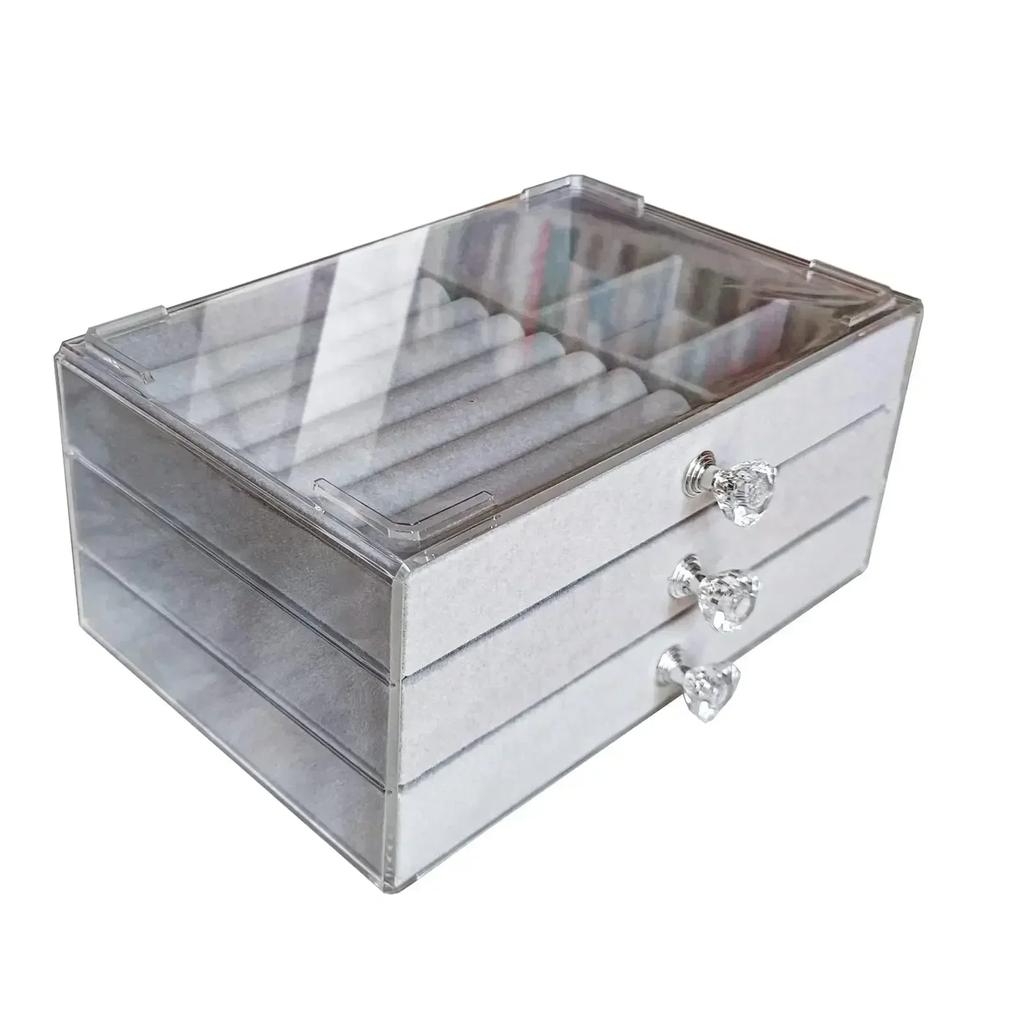 Suitable for Women, 3-drawer Acrylic Velvet Jewelry Storage Box, Stackable Storage Box for Earrings, Necklaces, and Bracelets.