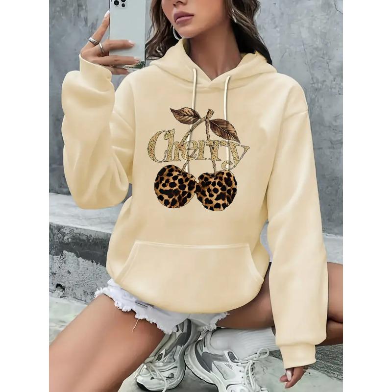 Kapsa s kapucí Mikina Streetwear Leopard Třešňový potisk Dlouhý rukáv Mikina Oblečení Hoody Podzim Zima Mikiny
