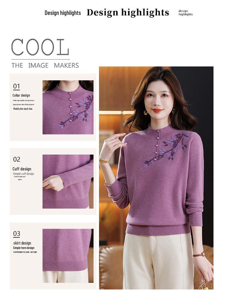Women's Plus Size Pure Wool Embroidered Sweater - Autumn/Winter Base Layer with Half-high Collar, Perfect for Middle-aged and Elderly Moms.
