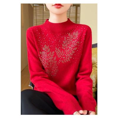 Heavy-duty Hot-drilled Half-turtleneck Women Bottoming Shirt Mid-collar Loose Coat Woolen Sweater