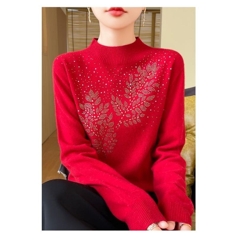 Heavy-duty Hot-drilled Half-turtleneck Women Bottoming Shirt Mid-collar Loose Coat Woolen Sweater