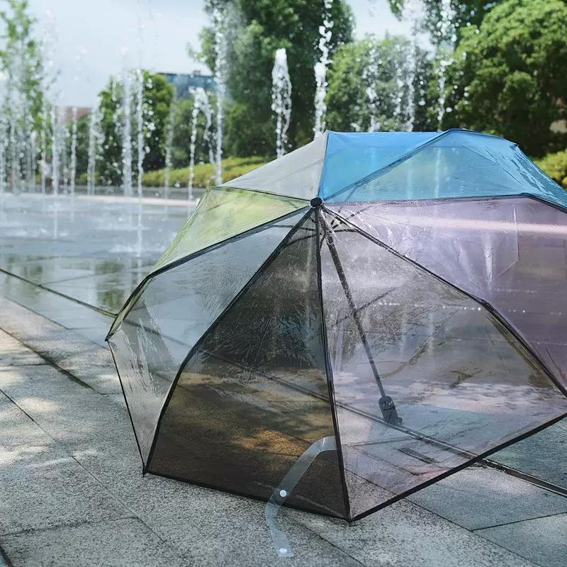 Rainbow Transparent Umbrella for Women, Foldable, Fully Automatic, Fresh and Forest-Style, Personalized, for Couples, Students, Creative, Manual