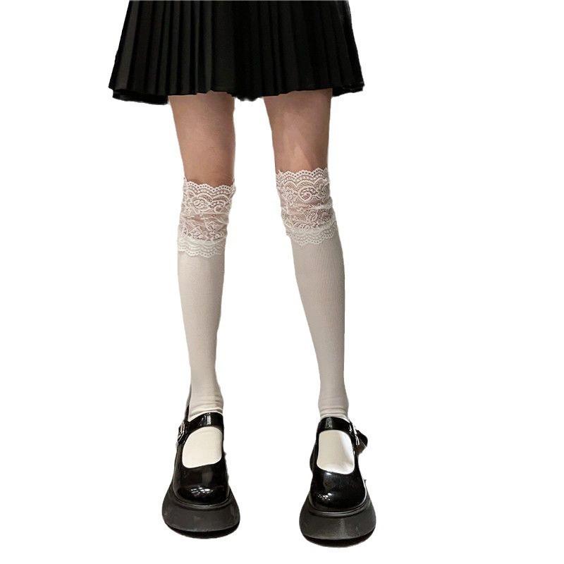 Lace Knee-length Socks for Women, Lolita Patchwork, White Pile Socks with Long Boots, Long Stockings for Slimming, Ballet-style Socks