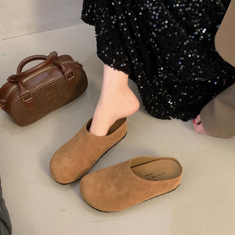 Papuci Boken retro din piele mată, cu un singur pedal, pentru femei, noi de toamnă 2024, anti-alunecare, casual, cu vârf acoperit, papuci jumătate