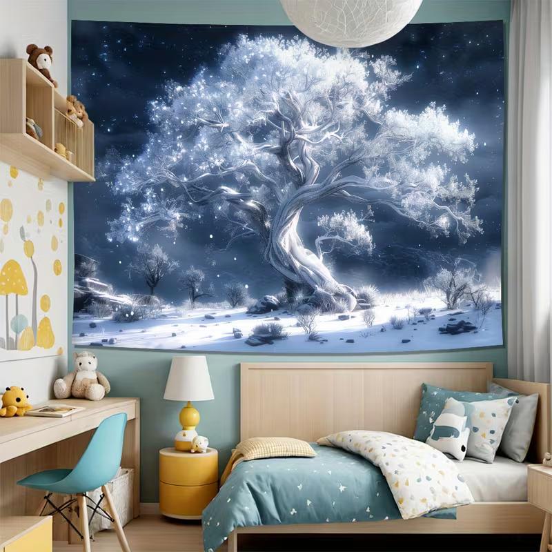 2D Mystical White Ice Tree Tapestry Glowing Winter Night Fantasy Wall Decor Cloth for Home & Bedroom