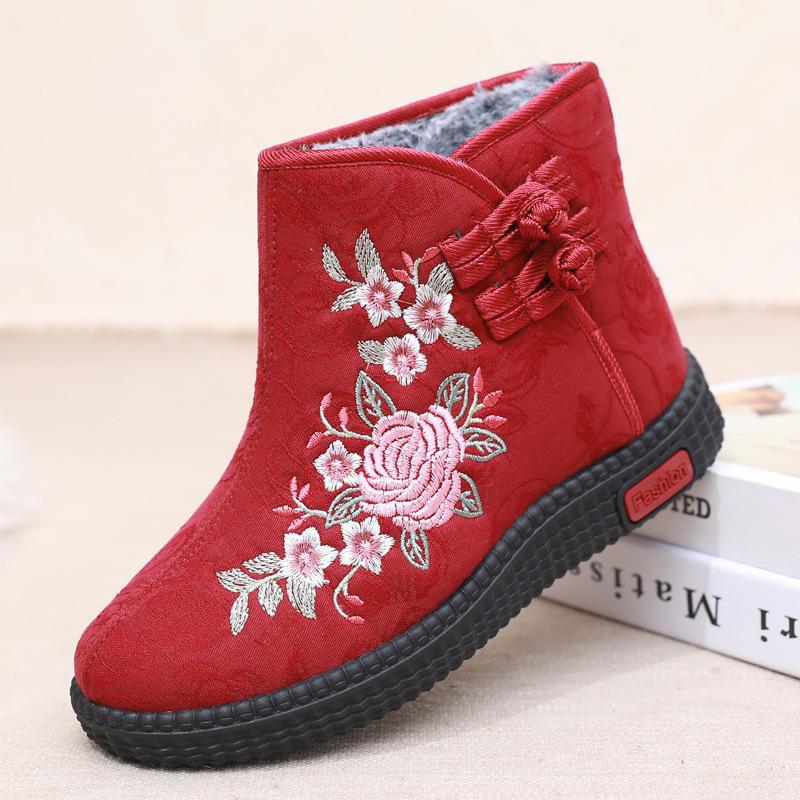 Women Winter Autumn Embroidered Short Boots Warm, Non Slip, Cotton Shoes with Soft Soles for The Elderly - Ethnic Style