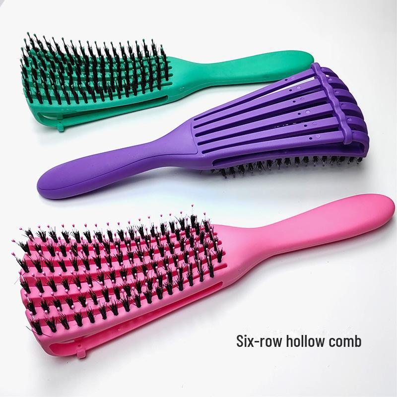 Hollow Rebound Massage Six-Claw Curved Styling Hairbrush with Pig Bristles