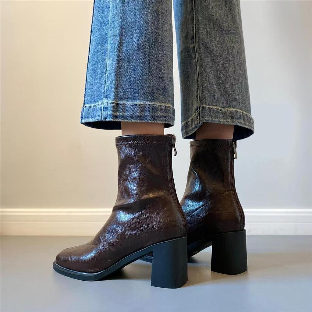 Women's shoes soft leather soft sole square toe slim boots 2025 new rear pull versatile thick heel autumn and winter short boots