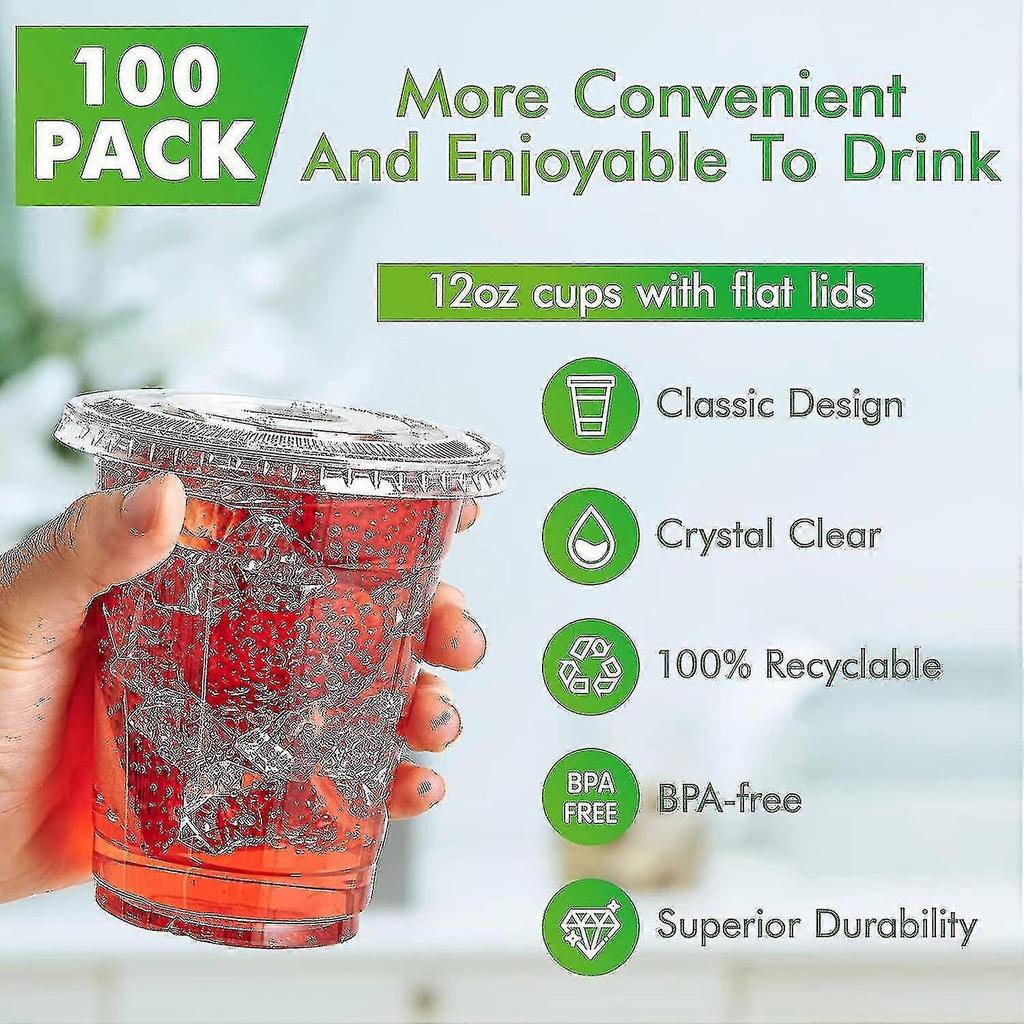 [100 Sets] 12oz Clear Plastic Cups With Flat Lids, Disposable Drinking Cups, 12 Oz Plastic Cups For Ice Coffee, Smoothie, Slurpee, Or Any Cold Drinks