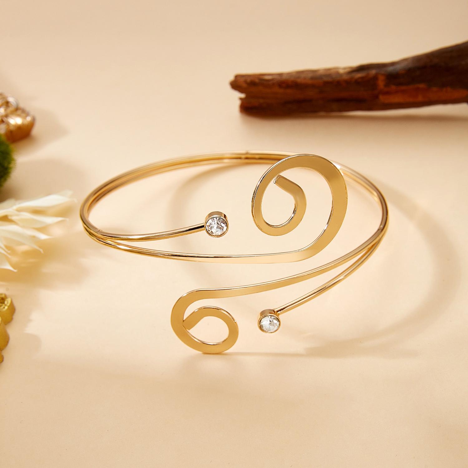Punk Rhinestone Geometric Spiral Arm Cuff Bracelet for Women Gold Music Note Adjustable Open Bangle Vacation Jewelry Gift